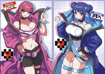 2girls black_shorts blue_hair blue_jacket blue_nails blush breast_press breasts commentary_request covered_navel double_bun duel_monster evil_twin_ki-sikil evil_twin_lil-la green_eyes hair_between_eyes hair_bun hand_on_own_hip highres jacket ki-sikil_(yu-gi-oh!) large_breasts leotard lil-la_(yu-gi-oh!) long_hair long_sleeves looking_at_viewer multiple_girls navel official_alternate_costume official_alternate_hairstyle open_mouth pink_hair pink_jacket pink_nails purple_eyes short_shorts shorts smile stomach wadatsumi_(sense11531153) white_leotard yu-gi-oh!