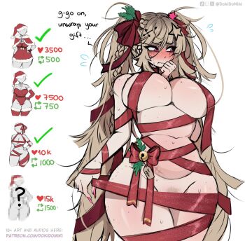 1girl bell blonde_hair blush braid breasts christmas closed_mouth commentary cowboy_shot dokidomiki embarrassed english_commentary english_text female_pubic_hair fingernails flying_sweatdrops groin hair_between_eyes hair_ornament hand_up jingle_bell large_breasts long_fingernails long_hair looking_to_the_side makeup messy_hair miki_(dokidomiki) mole mole_on_arm mole_on_breast mole_on_stomach mole_on_thigh multiple_moles nail_polish naked_ribbon navel original pink_eyes pink_nails pubic_hair red_ribbon ribbon runny_makeup scar scar_on_stomach simple_background solo star_(symbol) star_hair_ornament sweat twitter_strip_game very_long_hair wavy_mouth white_background