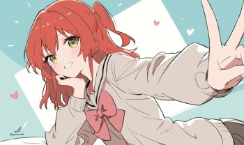 1girl bocchi_the_rock! commentary dated_commentary green_eyes grey_sailor_collar grey_sweater heart highres kita_ikuyo long_hair looking_at_viewer minusk9 one_side_up open_mouth red_hair sailor_collar school_uniform serafuku shuka_high_school_uniform signature solo sweater v