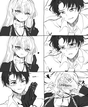 Rule 34 | !, !!, 1boy, 1girl, angelica (project moon), bags under eyes, blush, closed mouth, collared shirt, commentary, couple, covering own eyes, curtained hair, drooling, eyelashes, gloves, greyscale, hair intakes, heart, heavy breathing, hetero, highres, husband and wife, implied fingering, index finger raised, insertion threshold (meme), jacket, korean text, kuji-in, lapels, library of ruina, long hair, looking at another, lying, meme, monochrome, mouth drool, necktie, on back, on bed, project moon, ribbed sweater, roland (project moon), rounded collar, saeda8e, shirt, smile, speech bubble, sweater, symbol-only commentary, translation request, tsurime, turtleneck, turtleneck sweater, twitching, w