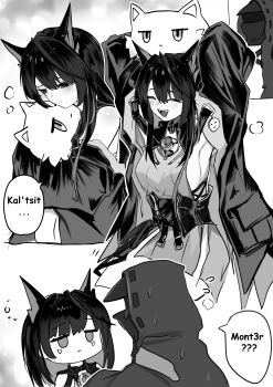 Rule 34 | 1girl, 1other, absurdres, arknights, armpits, bare shoulders, blush, breasts, choshanland plushy (arknights), closed eyes, coat, commentary, doctor (arknights), english text, fang, greyscale, hair between eyes, highres, hugging object, kal'tsit (arknights), looking at another, mon3tr (arknights), monochrome, multiple views, open clothes, open coat, open mouth, sad, simple background, skin fang, stuffed animal, stuffed toy, tears, teeth, upper teeth only, wawamachi, white background