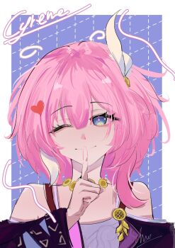 1girl ;) bare_shoulders blue_background blue_eyes border breasts character_name coat commentary cyrene_(aedes_elysiae)_(honkai:_star_rail) cyrene_(honkai:_star_rail) dress english_commentary finger_to_mouth highres honkai:_star_rail honkai_(series) jewelry looking_at_viewer multicolored_hair necklace one_eye_closed pink_hair purple_coat short_hair shushing small_breasts smile solo tlthend two-tone_hair white_border white_dress white_hair