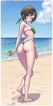 1girl absurdres arm_at_side arms_behind_back artist_logo ass barefoot beach bikini blue_sky blush border breasts brown_eyes brown_hair cloud commentary elementary_(lolipope) final_fantasy footprints forehead_protector from_behind full_body green_bikini green_headband grin headband heel_up highleg highleg_bikini highres holding horizon light_blush logo looking_at_viewer looking_back materia micro_bikini ocean outdoors parted_lips sand shadow short_hair sky small_breasts smile soles solo string_bikini swimsuit t-back thong toes transparent_border turning_head twisted_torso walking water yuffie_kisaragi