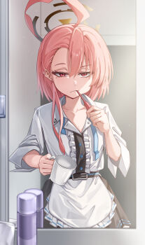 1girl :/ absurdres ahoge alternate_hairstyle apron belt black_belt black_halo black_skirt blue_archive blurry brushing_teeth center_frills closed_mouth collarbone collared_shirt commentary cowboy_shot cup depth_of_field dress_shirt dual_wielding eyelashes eyes_visible_through_hair frilled_apron frilled_shirt frills frown hair_behind_ear hair_between_eyes hair_down halo hands_up highres holding holding_cup holding_toothbrush huge_ahoge indoors long_sleeves looking_at_mirror looking_at_viewer mahoro_(minase_mahoro) medium_hair mirror mole mole_under_each_eye mole_under_eye multiple_moles neru_(blue_archive) orange_hair pleated_skirt red_eyes reflection shirt sidelighting skirt solo toothbrush tsurime waist_apron white_apron white_shirt