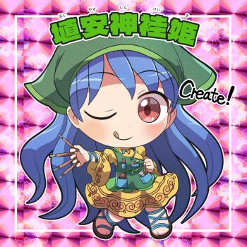 1girl ;q apron blue_hair blush character_name chibi chibi_only closed_mouth commentary_request dress full_body green_apron green_headscarf haniyasushin_keiki headscarf holding holding_paintbrush jewelry long_hair long_sleeves looking_at_viewer magatama magatama_necklace necklace one_eye_closed outline paintbrush red_eyes rokugou_daisuke sandals signature single_strap smile solo standing tongue tongue_out tools touhou white_outline wide_sleeves yellow_dress