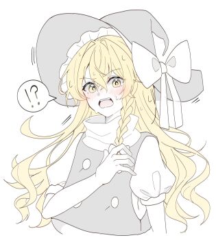 Rule 34 | !?, 1girl, bad id, bad twitter id, black hat, black vest, blonde hair, blush, bow, braid, commentary request, embarrassed, hair bow, hat, hat bow, highres, kirisame marisa, long hair, looking at viewer, open mouth, puffy short sleeves, puffy sleeves, purin seijyaku2, short sleeves, side braid, single braid, solo, spoken interrobang, sweat, touhou, very long hair, vest, white bow, witch hat, yellow eyes