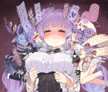 3girls angel angel_and_devil angel_wings angello_vaalmonica black_bow black_corset black_dress black_thighhighs bow braid breasts chibi closed_eyes commentary_request corset covered_erect_nipples demon_girl demon_horns demon_wings dimonno_vaalmonica double_bun dress duel_monster embarrassed frilled_dress frills hair_bun hat highres homura_subaru horns large_breasts licking licking_another's_face long_hair long_sleeves looking_at_another multiple_girls open_mouth orange_eyes pink_hair purple_hair selettrice_vaalmonica speech_bubble thighhighs thighs tongue tongue_out translation_request twin_braids very_long_hair white_dress wings yu-gi-oh!