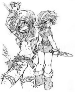 1boy armor bdsm blush bondage bottomless bound cum forced humiliation imminent_rape link looking_back male_focus monochrome multiple_views nintendo penis pointy_ears rape rope saliva sexual_objectification shota slave sword tears tentaclejob tentacles tentacles_on_male the_legend_of_zelda torn_clothes torture weapon