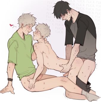 3boys anal ass_blush black_hair black_shirt blush bottomless clothed_male_nude_male clothed_sex clothes_pull commentary deep_penetration dual_persona elbow_blush english_commentary erection from_side green_shirt hand_on_another&#039;s_hip heart highres hikaru_ga_shinda_natsu hikarusphlatass indou_hikaru knee_blush male_focus male_penetrated mole mole_on_cheek multiple_boys neck_blush nude pants pants_pull penis sex sex_from_behind shirt short_hair shoulder_blush simple_background sitting socks spoken_heart sweat tsujinaka_yoshiki watch white_background white_hair white_socks wristwatch yaoi