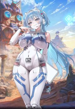 Rule 34 | 1girl, animal ear headphones, animal ears, blue eyes, blue hair, blue nails, blue sky, blush, bodypaint, bodysuit, boninit, breasts, cat ear headphones, cat ears, charm (object), closed mouth, cloud, commentary request, earpiece, fake animal ears, goddess of victory: nikke, headphones, highres, holding, holding tablet pc, impossible bodysuit, impossible clothes, large breasts, long hair, looking at viewer, mecha shifty (nikke), mekami shifty (nikke), multicolored bodysuit, official art, outdoors, painted clothes, short twintails, skin tight, sky, smile, solo, tablet pc, twintails, two side up, white bodysuit