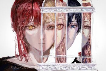 Rule 34 | 2girls, 3boys, angel devil (chainsaw man), black hair, blonde hair, blue eyes, brown eyes, chainsaw man, denji (chainsaw man), doeun o o, eyelashes, halo, hayakawa aki, long hair, makima (chainsaw man), medium hair, multiple boys, multiple girls, orange eyes, orange hair, pale skin, pink hair, power (chainsaw man), red hair, ringed eyes, short hair, yellow eyes