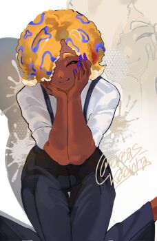 1girl black_pants black_suspenders closed_eyes dark-skinned_female dark_skin hair_over_one_eye hands_on_own_cheeks hands_on_own_face highres kororidrazom nintendo octoling orange_hair pants patterned_hair shirt signature sleeves_rolled_up smile solo splatoon_(series) splatoon_3 tao_blu_(splatoon) tentacle_hair white_shirt zoom_layer
