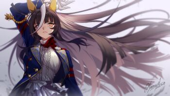 1girl ahoge animal_ears arm_up black_hair blunt_bangs breasts calstone_light_o_(one_true_path)_(umamusume) calstone_light_o_(umamusume) closed_mouth dated ear_covers gloves glowing glowing_eye highres horse_ears horse_girl jacket long_hair looking_at_viewer looking_to_the_side medium_breasts open_clothes open_jacket portrait shinmai_(kyata) signatured simple_background solo umamusume upper_body very_long_hair white_background white_gloves yellow_eyes