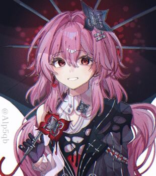 1girl alp5qb collar dress evernight_(honkai:_star_rail) flower gloves hair_between_eyes hair_flower hair_ornament hairclip hashtag-only_commentary holding holding_umbrella honkai:_star_rail honkai_(series) layered_dress layered_sleeves long_hair looking_at_viewer march_7th_(honkai:_star_rail) parallel_hairclips pink_hair red_eyes single_bare_shoulder smile twitter_username umbrella upper_body very_long_hair