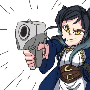 Rule 34 | aiming, aradia (night of revenge), black hair, cosplay, costume switch, davewaterfalls, fire emblem, fire emblem awakening, gun, handgun, motion lines, night of revenge, nintendo, robe, simple background, speed lines, third-party edit, twintails, waitingforgames, weapon, yellow eyes