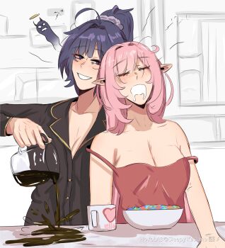 2girls absurdres ahoge bare_shoulders black_shirt breasts camisole cereal cleavage closed_eyes coffee_mug coffee_pot commentary cup drooling elf elysia_(honkai_impact) english_commentary high_ponytail highres honkai_(series) honkai_impact_3rd hoyolab_username large_breasts long_hair mug multiple_girls open_mouth pink_hair plate pointy_ears ponytail raiden_mei red_camisole shirt sleeping spilling table zanqi