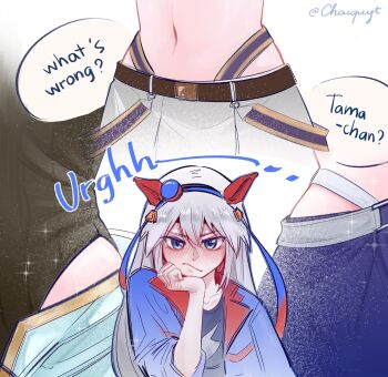 2girls animal_ears belly belt blue_belt blue_eyes blue_hairband blue_jacket blush commentary ear_covers english_commentary english_text grey_hair grey_tail hairband highres horse_ears horse_girl horse_tail jacket lightning_bolt_symbol long_hair midriff multicolored_hairband multiple_girls navel oguri_cap_(umamusume) open_clothes open_jacket pants signature solo standing tail tamamo_cross_(umamusume) twitter_username umamusume umamusume:_cinderella_gray white_pants wuyt yuri