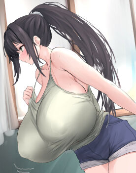 1girl absurdres bare_arms black_hair breasts camisole collarbone commentary_request covered_erect_nipples curtains gigantic_breasts green_camisole green_eyes highres indoors long_hair original ponytail short_shorts shorts sideboob sidelocks standing sweat window yuuki_shuri