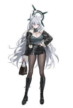 1girl 4meart0112 absurdres alternate_costume animal_ear_fluff animal_ears bag black_bag black_boots black_jacket black_pantyhose black_skirt blue_archive boots breasts broken_halo cleavage closed_mouth commentary_request cross_hair_ornament fingernails full_body grey_eyes grey_hair hair_between_eyes hair_ornament halo hand_on_own_hip handbag heterochromia high_heel_boots high_heels highres holding holding_bag jacket large_breasts long_hair looking_at_viewer open_clothes open_jacket pantyhose shiroko_terror_(blue_archive) skirt solo standing very_long_hair wolf_ears