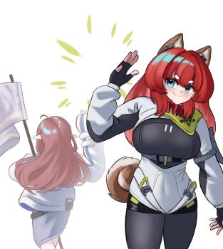 2girls absurdres akekuri_(arknights) animal_ear_fluff animal_ears arknights arknights:_endfield black_gloves blue_eyes commentary dog_ears dog_girl english_commentary fingerless_gloves flag flagpole gloves highres jacket long_hair mintmosse multiple_girls myrtle_(arknights) pointy_ears red_hair white_jacket