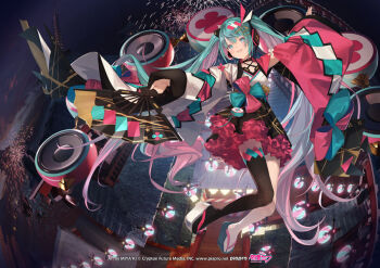 1girl :d aqua_bow aqua_bowtie aqua_eyes aqua_hair aqua_shoes artist_name asymmetrical_footwear black_thighhighs blush bow bowtie commentary_request copyright_notice fireworks folding_fan hair_ornament hairclip hand_fan hatsune_miku holding holding_fan japanese_clothes kimono logo magical_mirai_(vocaloid) magical_mirai_miku magical_mirai_miku_(2020_summer) mismatched_footwear miya-ki_(miya_key) official_art open_mouth pink_bow pink_bowtie platform_clogs second-party_source shoes single_thighhigh smile solo thighhighs vocaloid white_shoes wide_sleeves yukata