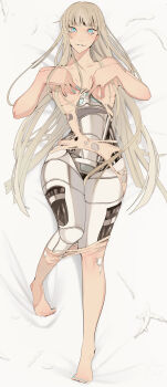 1girl absurdres android blonde_hair blue_eyes blue_nails breasts commentary_request completely_nude covering_breasts covering_privates dakimakura_(medium) damaged ecomoesty feathers highres long_hair looking_at_viewer lying mechabare medium_breasts multicolored_eyes nude on_back on_bed orange_eyes original parted_lips solo