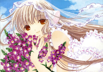 00s 1girl absurdres artbook blonde_hair bouquet brown_eyes chii chobits clamp day female_focus fingernails flower frills highres jewelry light_smile long_hair official_art ring robot_ears scan sky smile solo traditional_media veil very_long_hair wind