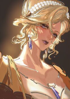 Rule 34 | 1girl, blonde hair, breasts, chinese commentary, commentary request, dress, earrings, from below, hair bun, highres, jewelry, lipstick, looking at viewer, looking down, makeup, path to nowhere, pearl hair ornament, portrait, short hair, single hair bun, small breasts, solo