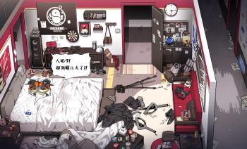 1boy absurdly_detailed_composition absurdres arknights bag bean_bag_chair beanie bed bird black_boots black_jacket black_shorts boots bottle box bra brown_bag bulletin_board camera can cardboard_box chain character_doll chest_of_drawers clock couch cushion dartboard doll door doorway drinking_straw electrical_outlet emperor_(arknights) exusiai_(arknights) gold_chain grey_panties hallway handbag hat highres jacket kataokasan kettle lappland_(arknights) lightning_bolt_symbol loaded_interior nintendo_switch nintendo_switch_pro_controller panties penguin penguin_logistics_logo phonograph pink_bra pitcher_(container) scroll shirt shorts snack solo speaker speech_bubble stuffed_animal stuffed_rabbit stuffed_toy sunglasses sword texas_(arknights) trash_can tripod underwear unworn_boots unworn_bra unworn_jacket unworn_panties unworn_shorts vinyl_record wall_clock weapon white_hat white_shirt window window_blinds wire