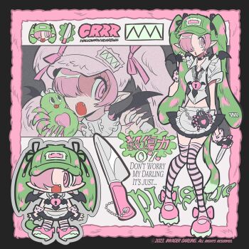 1girl baseball_cap black_skirt bow commentary english_commentary english_text fashion fur_hat green_hat hair_over_one_eye hat heart holding holding_stuffed_toy invaderdarling knife lock looking_at_viewer midriff multiple_views navel original padlock pink_eyes pink_hair pink_shoes pointy_ears shirt shoes short_hair skirt standing striped_clothes striped_thighhighs stuffed_animal stuffed_toy thighhighs white_shirt