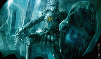 1boy absurdres armor commentary dark_souls_(series) dark_souls_ii english_commentary full_armor gauntlets greaves helm helmet highres holding holding_shield holding_sword holding_weapon inktober lightning looking_glass_knight male_focus mirror night outdoors pauldrons rain shield shoulder_armor solo spiked_pauldrons spikes sword temmaru1 weapon