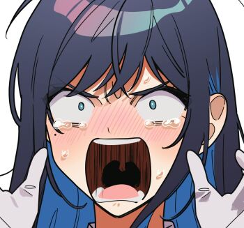 1girl ado_(utaite) black_hair blue_hair blush chando_(ado) close-up colored_inner_hair commentary gloves hands_up hashtag-only_commentary highres long_hair mole mole_under_eye multicolored_hair open_mouth riseno simple_background solo tearing_up teeth utaite white_background white_gloves wide-eyed