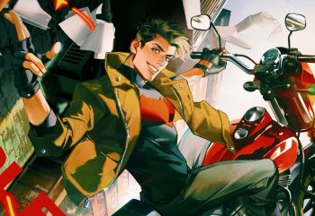 1boy anthonykaen bat_signal batman_(series) batman_symbol black_bodysuit black_gloves black_hair blue_eyes bodysuit brown_jacket close-up dc_comics gloves grey_bodysuit highres holding jacket jason_todd large_pectorals long_sleeves male_focus motor_vehicle motorcycle multicolored_bodysuit multicolored_hair muscular muscular_male on_motorcycle open_clothes pants pectorals red_hood_(dc) red_hood_and_the_outlaws short_hair smile superhero_costume two-tone_bodysuit two-tone_hair white_hair