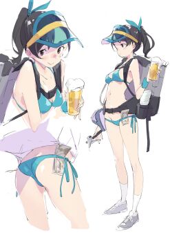 1girl alcohol ass beer belt bikini black_eyes black_hair blue_bikini breasts commentary_request cup drinking_glass glass grey_footwear highres holding long_hair lowleg lowleg_bikini money multiple_views object_in_clothes object_in_swimsuit original ponytail popman3580 shoes side-tie_bikini_bottom simple_background small_breasts sneakers socks standing swimsuit tucked_money utility_belt visor_cap white_background