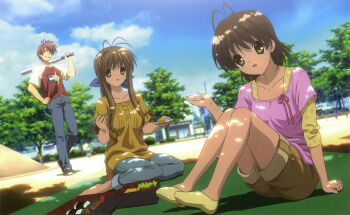 Rule 34 | 00s, 1boy, 2girls, absurdres, antenna hair, barefoot, baseball bat, blurry, brown eyes, brown hair, casual, chopsticks, clannad, cloud, dappled sunlight, day, depth of field, dutch angle, family, feet, food, furukawa akio, furukawa nagisa, furukawa sanae, hand on own hip, highres, hip focus, kadowaki miku, kneeling, long hair, mouth hold, multiple girls, non-web source, bento, official art, outdoors, picnic, playground, shade, short hair, sitting, sky, sunlight