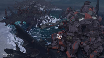 Rule 34 | 1girl, 6+boys, :p, armor, beach, bevel (pixiv fantasia), breasts, dragon, gas mask, gloves, harem, height difference, helmet, highres, knife, lambretta (pixiv fantasia), mask, multiple boys, pixiv fantasia, pixiv fantasia 5, pouch, red eyes, riding, silver hair, sitting, standing, tongue, tongue out, tsukuba masahiro, weapon, za (pixiv fantasia)