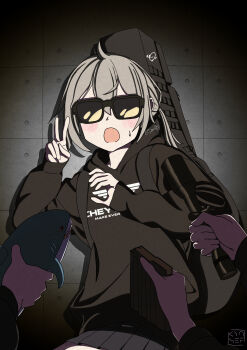 1girl 3others absurdres ahoge backpack bag black_hoodie black_skirt blush bocchi_the_rock! brown_hair commentary english_commentary girls&#039;_frontline highres holding holding_magazine_(weapon) holding_stuffed_toy hood hoodie ikea_shark kyosef m200_(girls&#039;_frontline) magazine_(weapon) medium_hair multiple_others open_mouth parody pleated_skirt scope skirt stuffed_animal stuffed_shark stuffed_toy sunglasses sweatdrop v weapon_bag