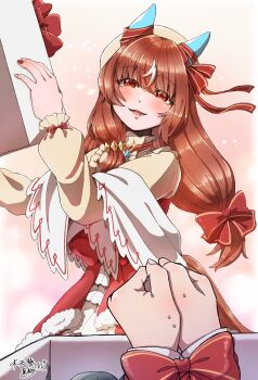 1girl absurdres beret casual commentary_request dated fingernails hair_ornament hat highres holding long_hair looking_at_viewer open_mouth pov pov_hands red_eyes signature simple_background solo solo_focus still_in_love_(umamusume) sweatdrop tirokuro17 umamusume white_background