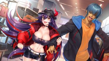 1boy 1girl action_taimanin bag belt breasts cleavage fang fuuma_kotarou_(taimanin_series) game_cg hair_between_eyes handbag hat highres horns jacket large_breasts midriff multicolored_hair non-web_source open_clothes open_jacket pulling purple_hair red_hair red_jacket shop shopping spinel_(action_taimanin) strapless taimanin_(series) tube_top two-tone_hair yellow_eyes