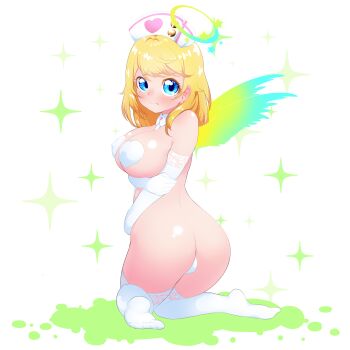 1girl absurdres ass blonde_hair blue_eyes breasts completely_nude curly_hair elbow_gloves gloves halo hat highres huge_ass large_breasts medium_hair monster_strike mukakin:zero nightingale_(monster_strike) nude nurse_cap pasties revealing_clothes smile solo