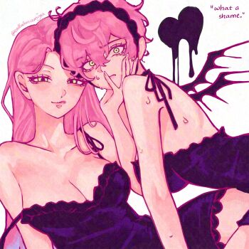 2girls :q adversarial_noise alien_stage artist_name babydoll backless_outfit bare_arms bare_shoulders black_babydoll black_hairband black_wings breasts callalunamiya cleavage closed_mouth collared_shirt come_hither commentary curtained_hair demon_wings derivative_work double-parted_bangs dual_persona english_commentary english_text eyelashes frilled_babydoll frills green_eyes hair_behind_ear hair_between_eyes hairband hand_on_another's_chin heart highres large_breasts licking_lips long_hair looking_at_viewer melting_heart mizi_(alien_stage) multiple_girls naughty_face official_alternate_hair_length official_alternate_hairstyle pink_hair selfcest shirt short_hair simple_background spaghetti_strap strap_slip sweat tongue tongue_out turning_head twitter_username upper_body very_short_hair white_background wide-eyed wings yuri