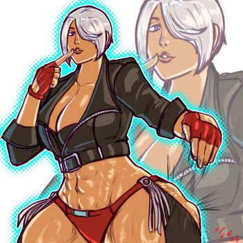 1girl angel_(kof) ass blue_eyes breasts curvy gloves huge_ass huge_breasts jacket jiggle large_breasts leather muscular muscular_female panties short_hair spanked spanking spanking_self tan taurence_bell the_king_of_fighters thick_thighs thighs underwear white_hair