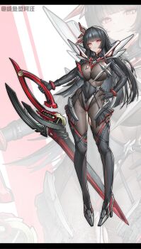 1356497576 1girl absurdres arm_cutout arm_strap armor armored_boots artist_name asymmetrical_clothes black_gloves black_hair black_skirt black_thighhighs blunt_bangs blunt_ends bodysuit boots breasts chinese_commentary chisa_(wuthering_waves) cleavage closed_mouth clothing_cutout commentary_request covered_groin full_body gloves hair_ornament hand_on_own_hip high_heel_boots high_heels highleg highres holding holding_sword holding_weapon kill_la_kill large_breasts long_hair long_sleeves looking_at_viewer metal_bracelet microskirt red_eyes red_trim see-through_cleavage see-through_clothes shrug_(clothing) skirt smile solo standing star_(symbol) strap sword tachi-e thighhighs torn_bodysuit torn_clothes two-sided_fabric very_long_hair watermark weapon white_background wuthering_waves zoom_layer