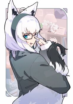 1girl absurdres ahoge animal_ear_fluff animal_ears black-framed_eyewear black_hairband black_jacket blue_eyes book border calendar_(object) commentary_request desk_lamp fox_ears fox_girl fox_tail from_behind fubuzilla_(shirakami_fubuki) glasses hairband hanten_(hantennano) highres holding_own_tail hololive jacket lamp long_hair looking_at_viewer looking_back official_alternate_costume open_mouth painting_(object) plant potted_plant rectangular_eyewear shirakami_fubuki shirakami_fubuki_(loungewear) sidelocks signature solo table tail translation_request upper_body virtual_youtuber white_border white_hair
