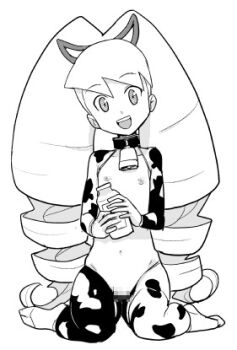 1girl animal_print bad_id bell bottle censored collar cow_horns cow_print drill_hair flat_chest greyscale heriyama holding holding_bottle horns loli long_hair looking_at_viewer lowres luna_platz_(mega_man) mega_man_(series) mega_man_star_force_(series) milk_bottle monochrome mosaic_censoring navel neck_bell open_mouth reverse_outfit simple_background smile twin_drills very_long_hair white_background