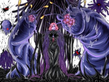 1girl antennae arms_up black_dress breasts button_gap closed_mouth colored_skin cracked_background creature dimensional_eroder_(mon-musu_quest!) dress eyes_visible_through_hair for-u game_cg gown large_breasts large_variant_set long_hair mon-musu_quest! mon-musu_quest:_paradox monster_girl nose outstretched_arms pink_hair purple_skin red_eyes short_hair slug slug_girl standing tall_female tentacles tongue tongue_out turtleneck variant_set yellow_eyes