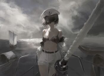 Rule 34 | 1girl, absurdres, anchor symbol, belt, bikini, black belt, black bikini, black hair, boat, breasts, closed mouth, collarbone, commentary, cowboy shot, green eyes, hair over one eye, hat, highres, looking at viewer, murasa minamitsu, navel, o-ring, o-ring top, ocean, open clothes, open shirt, outdoors, overcast, sailboat, sailor hat, sawararado, shirt, short hair, shorts, sky, small breasts, smile, solo, swimsuit, touhou, watercraft, white hat, white shirt, white shorts