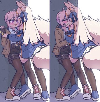 Rule 34 | 2girls, absurdres, animal ears, black pantyhose, black shorts, black thighhighs, blonde hair, blue footwear, blue jacket, brown footwear, brown jacket, collared shirt, commentary, commission, english commentary, fox ears, fox girl, fox tail, hair bun, hand on another's face, highres, jacket, jin (jinkwon1147), kiss, leg between thighs, long hair, looking at another, multiple girls, original, pantyhose, pantyhose under shorts, pink eyes, pixiv commission, purple eyes, shirt, shoes, shorts, single side bun, sneakers, sweatdrop, tail, thighhighs, white shirt, yuri