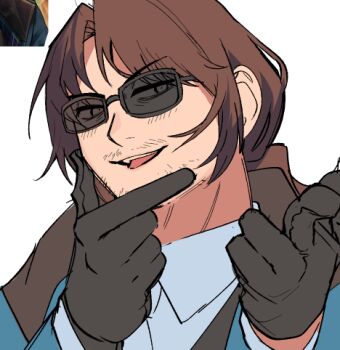 1boy absurdres alternate_costume beard_stubble black-framed_eyewear black-framed_glasses black_gloves blue_coat blue_jacket blue_necktie brown_hair brown_trim brown_vest close-up coat collared_shirt dress_shirt eyes_visible_through_hair facial_hair finger_gun formal_clothes glasses gloves grabbing_own_chin gregor_(project_moon) hair_between_eyes hair_intakes half-closed_eyes hand_on_own_chin hands_up highres jacket limbus_company long_hair long_sleeves looking_to_the_side low_ponytail male_focus necktie official_alternate_costume open_mouth parted_bangs photo_(medium) pointing pointing_at_viewer ponytail portrait project_moon rectangular_eyewear shirt simple_background sketch smile smirk smug solo stubble suit suit_jacket sunglasses teeth tinted_eyewear tongue traditional_media undershirt unfinished upper_body upper_teeth_only v-shaped_eyebrows vest white_background white_shirt wing_collar zwei_association_south_uniform