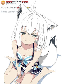 1girl absurdres ahoge animal_ear_fluff animal_ears between_legs blush braid breasts cleavage commentary_request earrings extra_ears fox_ears fox_girl fox_tail green_eyes hair_between_eyes hand_between_legs highres hololive hololive_summer_2023_swimsuit jewelry long_hair looking_at_viewer pentagram shirakami_fubuki shirayuki_(snow_link) sidelocks simple_background single_braid sitting small_breasts smile solo swimsuit tail tweet virtual_youtuber wariza white_background white_hair